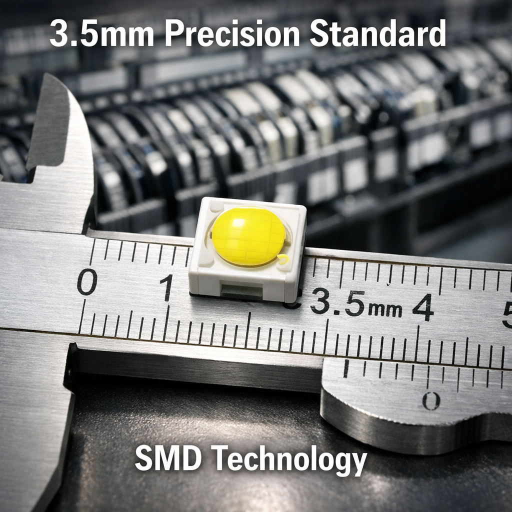 精密游标卡尺测量3535 LED灯珠尺寸，精确显示3.5mm，背景为SMD生产线，展现其标准化尺寸和SMD技术特性。