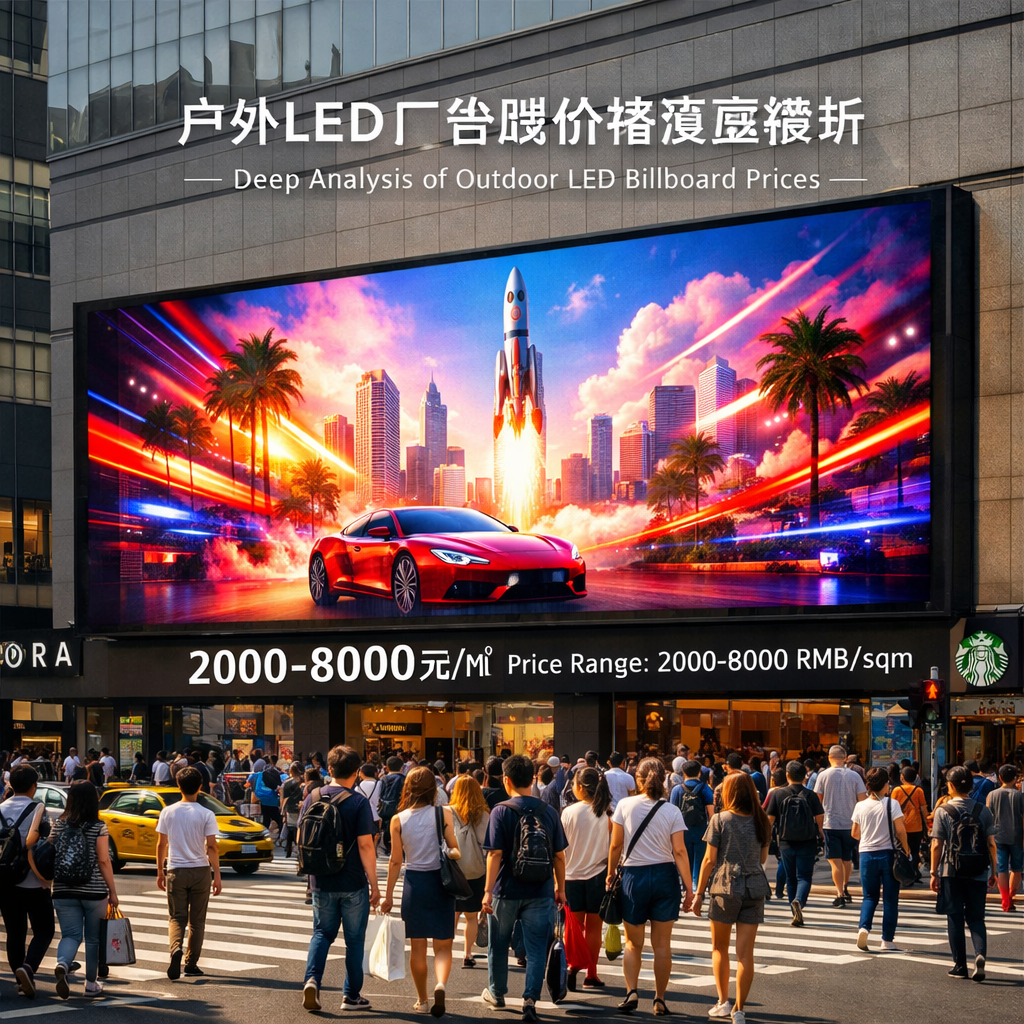 户外LED广告牌价格深度解析:大型户外P6广告屏在商业街区的实景展示,画面清晰,即使在阳光直射下也亮度充足,配有价格范围2000-8000元/平方米的标注。
