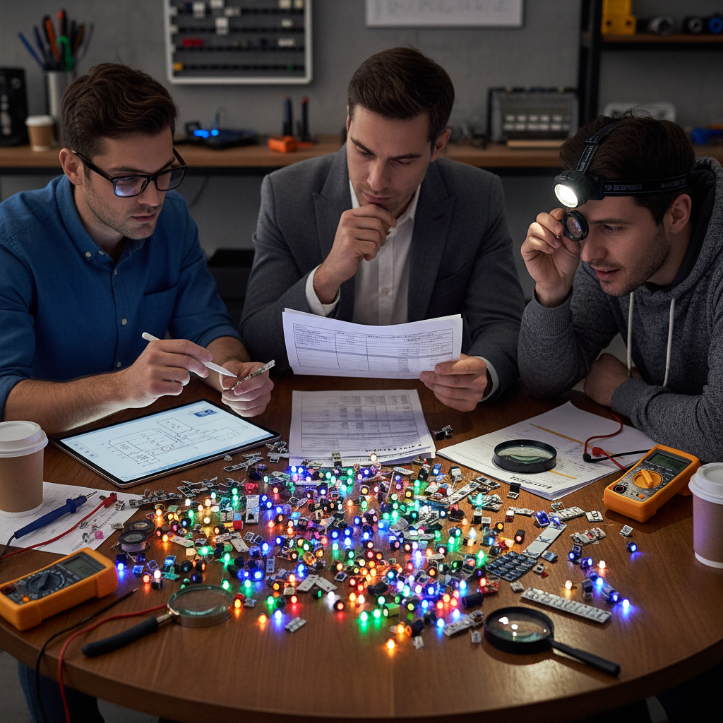 工程师、采购经理和DIY爱好者围绕桌子，桌上摆满不同类型LED灯珠及工具，代表本文的受众和内容。