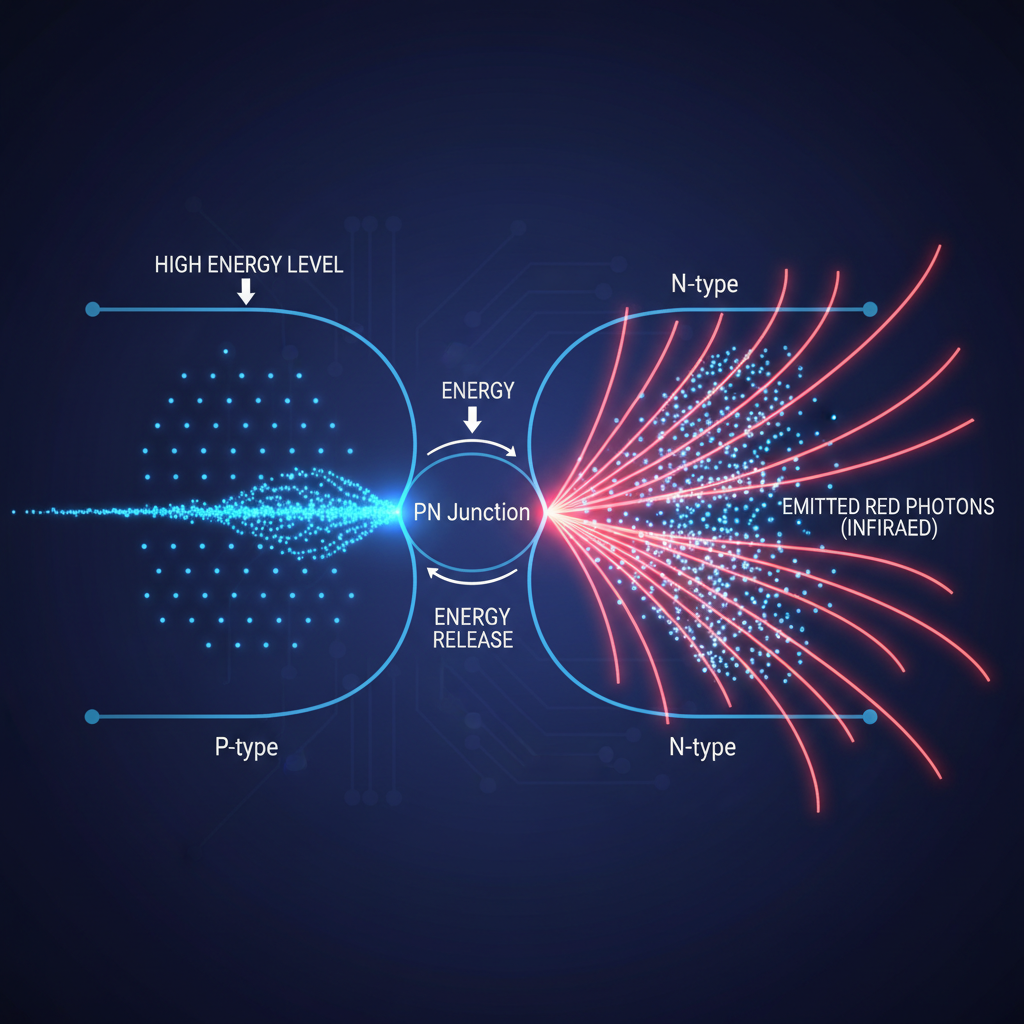 抽象概念图，展示半导体PN结中电子从高能级跃迁到低能级时，以红色光子形式（红外光子）释放能量的过程，模拟光电转换的核心机制。