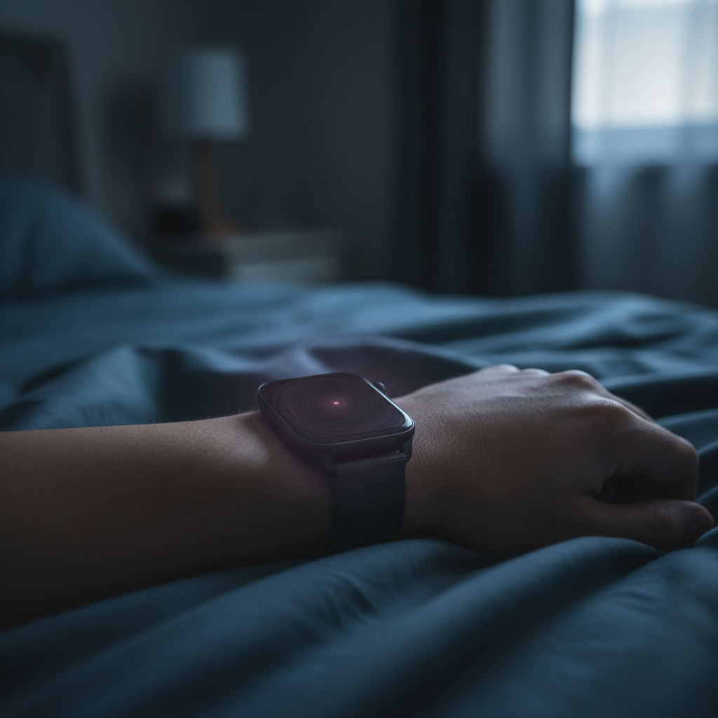 一位佩戴智能手表的用户,在昏暗的卧室中,智能手表表盘发出微弱的、人眼不可见的红外光。画面聚焦于手表和用户手腕,以及周围的模糊环境,暗示设备在低光下也能“看见”。