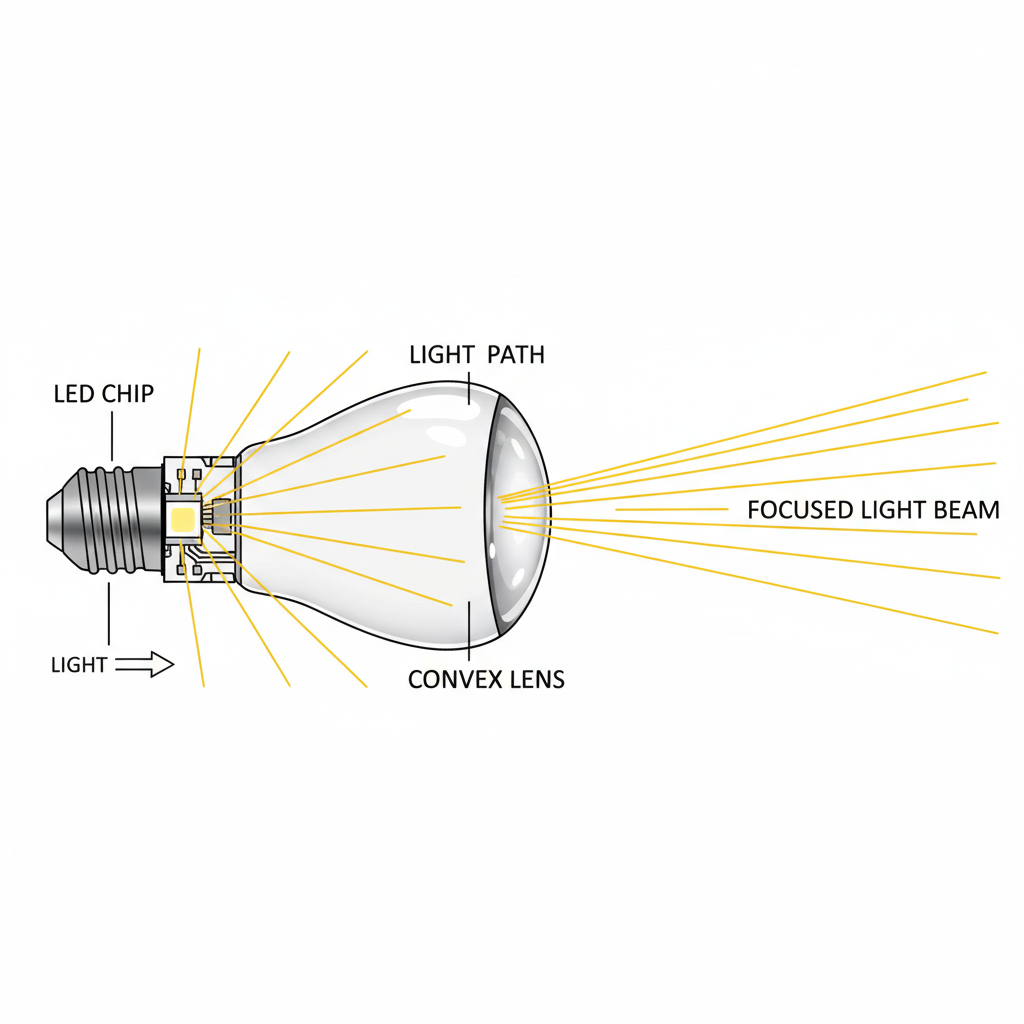 Lens LED灯珠内部工作原理图,显示LED芯片发出的光线如何通过精密凸透镜被聚焦成一道窄光束。