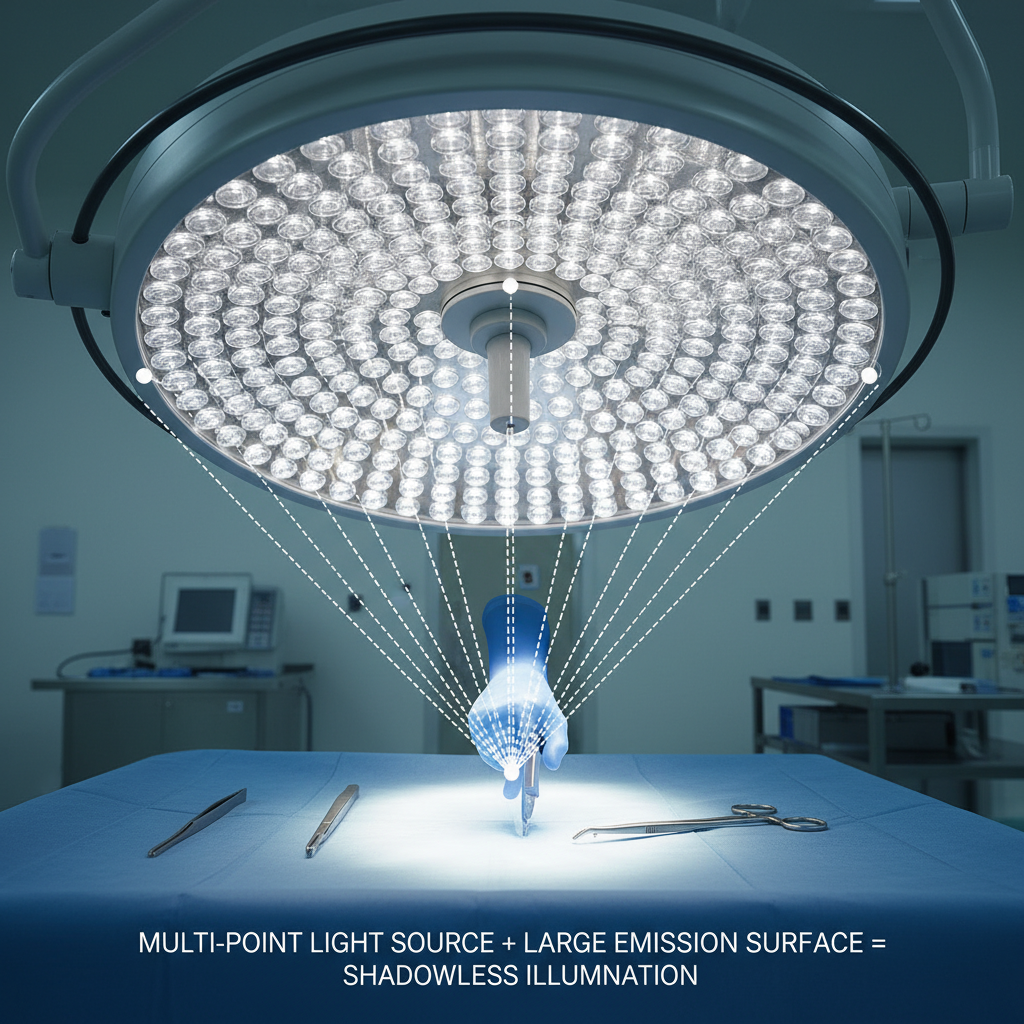 手术室中现代LED无影灯的工作场景,光线均匀明亮。