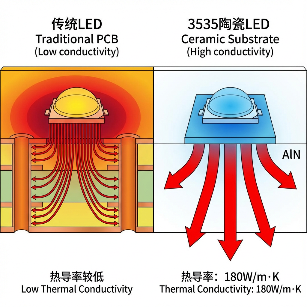 对比原理图，左侧展示传统LED散热差，热量堆积；右侧展示3535陶瓷LED散热快，芯片保持凉爽。