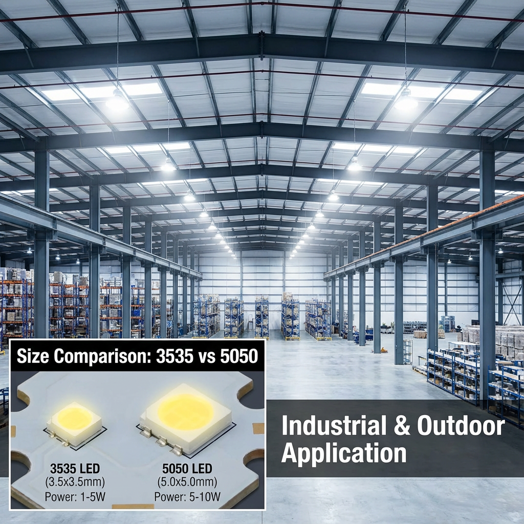 3535与5050陶瓷灯珠的尺寸与功率对比图,同时展示5050灯珠在工业和户外高亮度照明中的应用场景。