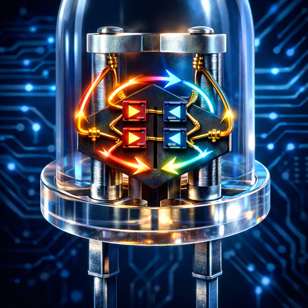 无极性LED灯珠内部结构3D透视渲染图，展示核心的微型桥式整流电路或双芯片反向并联技术，解释其“不分正负极”的工作原理。