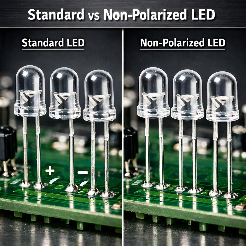 直插无极性LED与普通LED的微距对比图，清晰展示普通LED一长一短的引脚和无极性LED等长引脚的区别，强调其安装便利性。