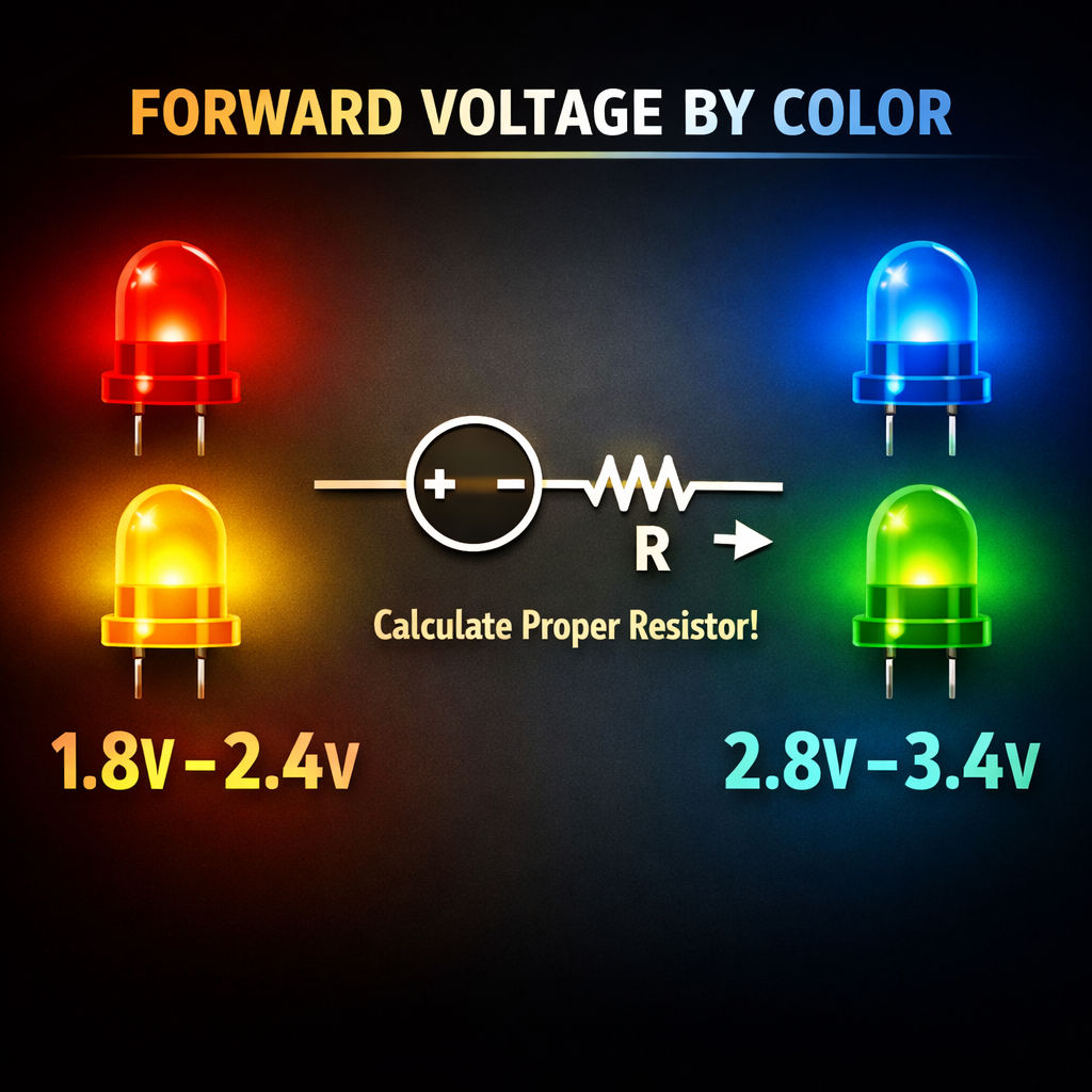 不同颜色直插灯珠正向电压（Vf）差异图，清晰展示红光、黄光与蓝光、绿光、白光LED的不同电压需求，并配有限流电阻电路符号，强调正确计算的重要性。