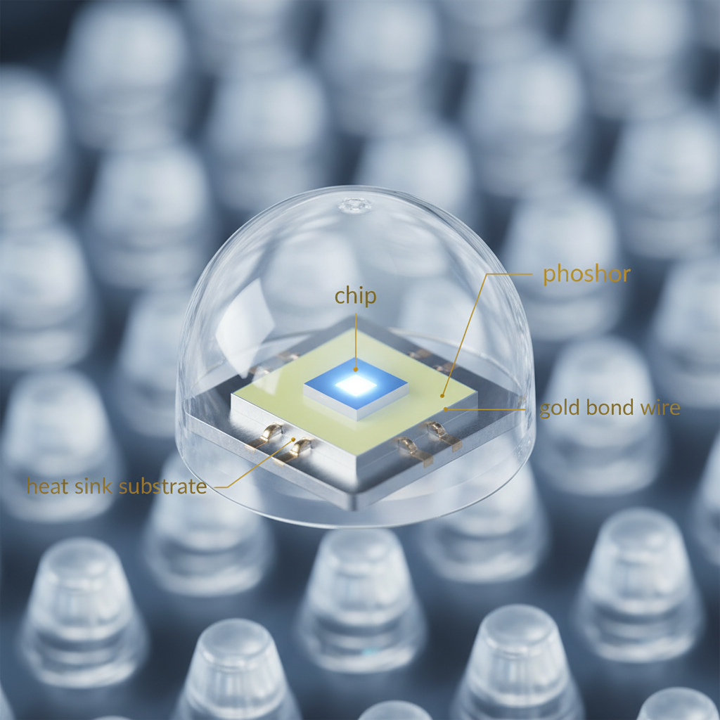 LED灯珠特写,展示内部芯片、荧光粉和散热基板等封装细节,用箭头指示并标注