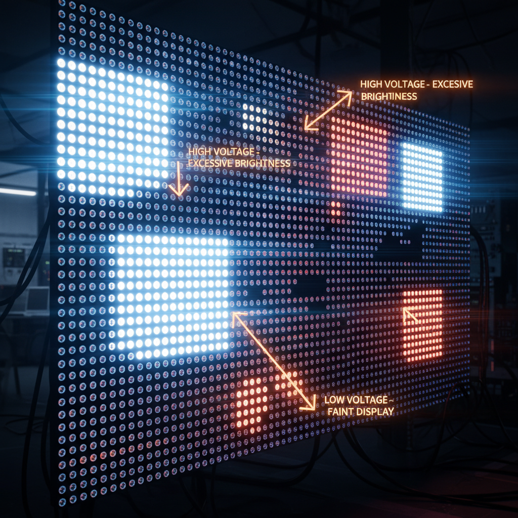 一个由大量LED灯珠组成的显示屏,由于电压不一致导致亮度不均匀,一部分LED发光较亮,一部分较暗,形成画面“花屏”效果,强调电压一致性的重要性