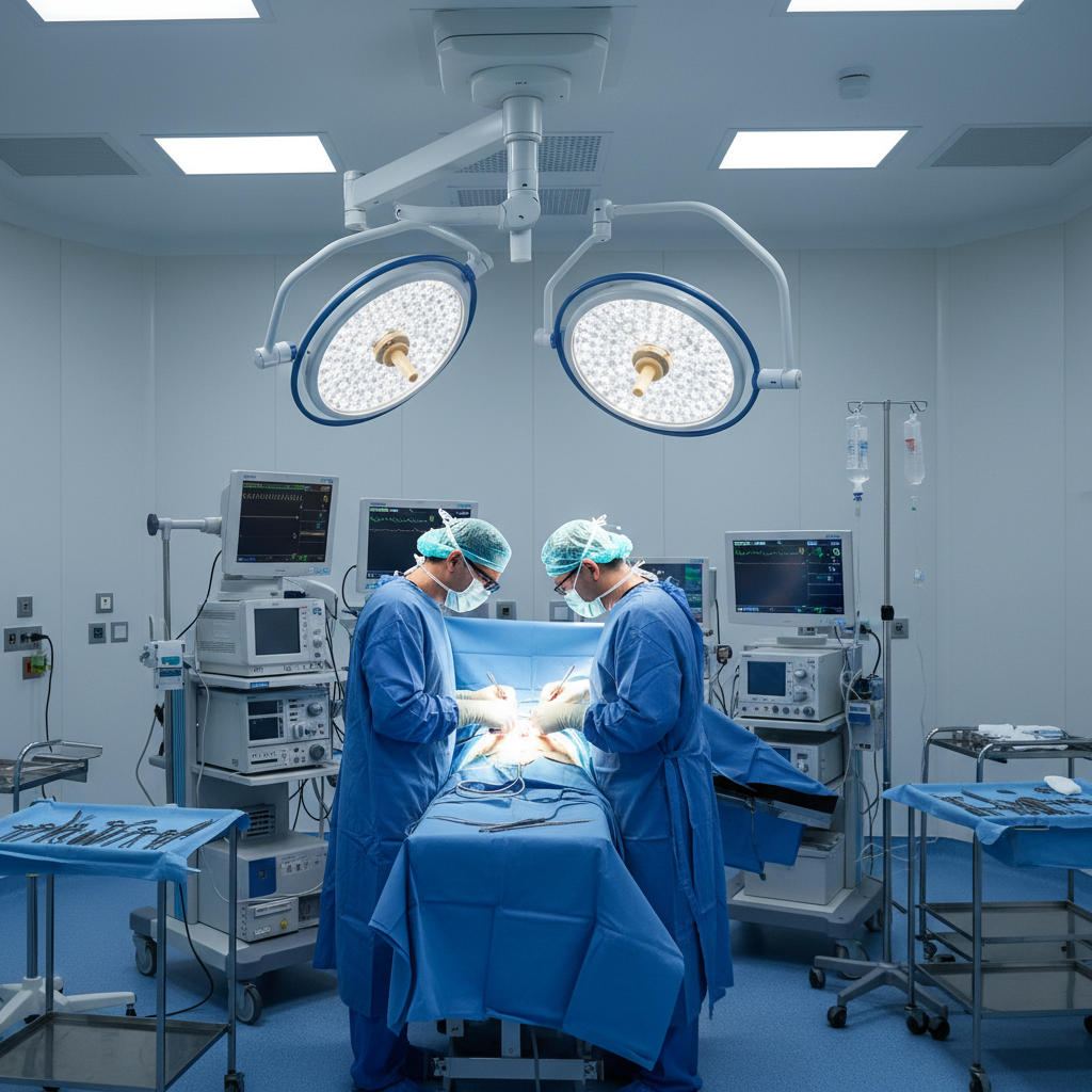 现代手术室内景。两名外科医生专注手术台上的患者。上方悬挂双头医用无影灯系统,投射明亮、均匀、无影的光线到手术区域。环境整洁专业,凸显高端医疗设备的应用。