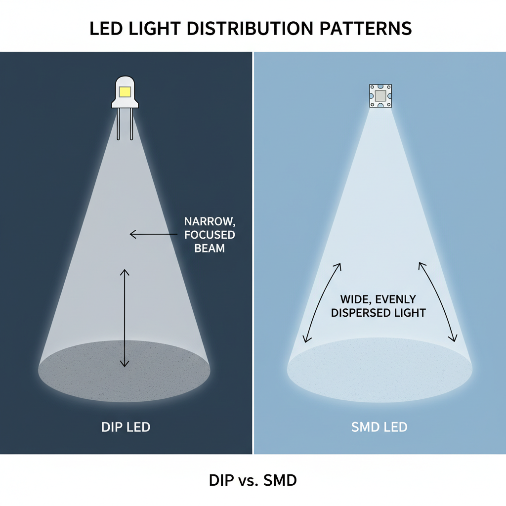 LED灯珠光线分布模式示意图,咪泡灯光线集中,贴片灯光线发散