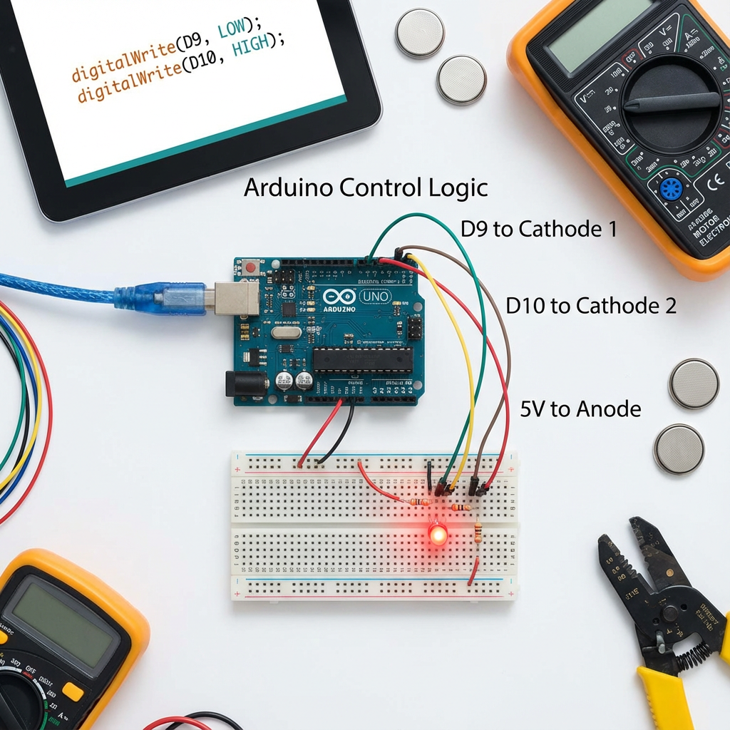 Arduino控制双色LED的实战电路图，展示Arduino Uno开发板连接面包板上的双色LED，屏幕显示相关代码。