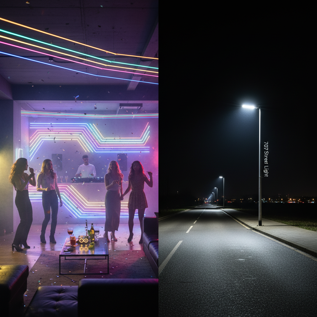 分割画面,左侧是5050 RGB灯带营造的室内派对氛围,右侧是7070路灯照亮的夜晚户外场景。