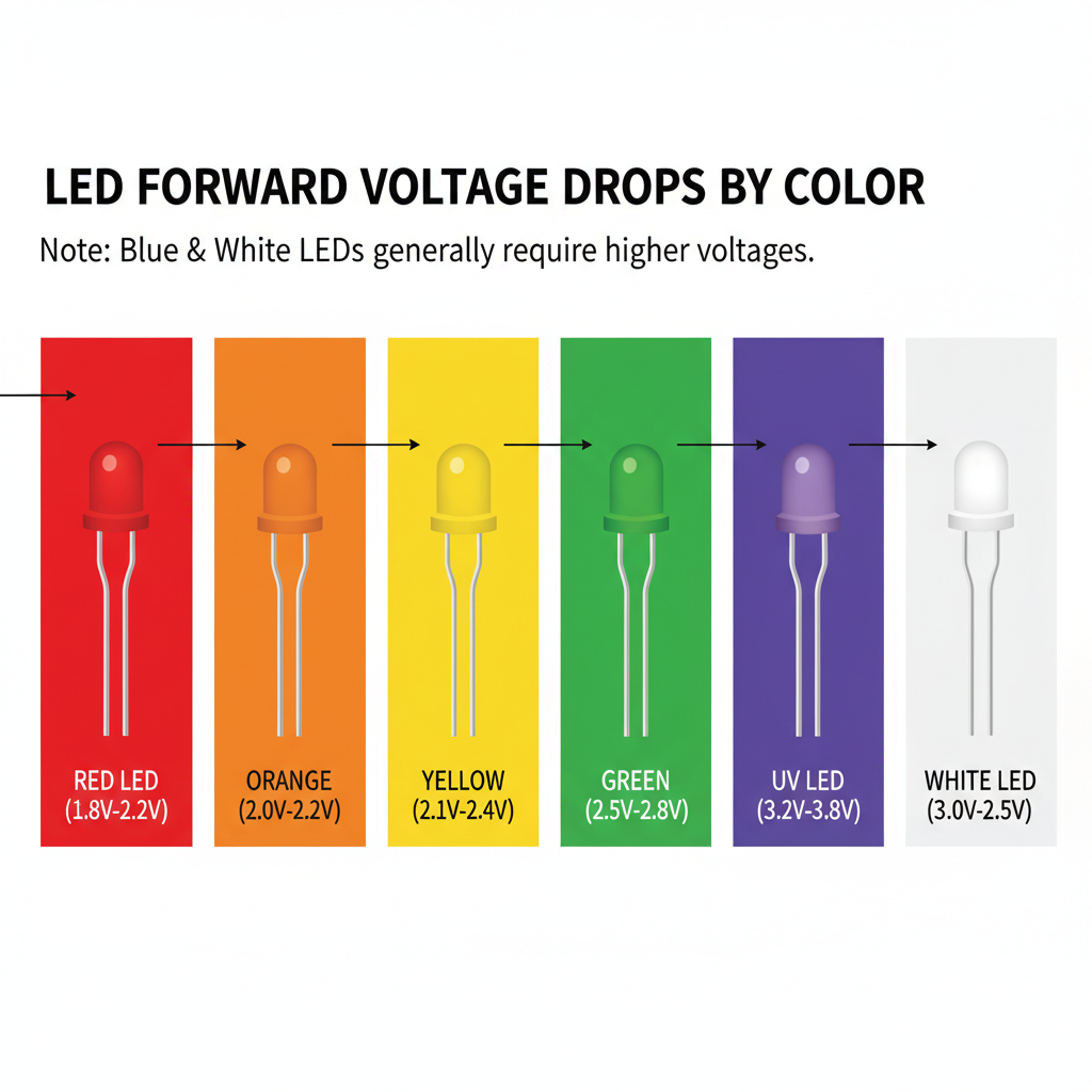 展示不同颜色LED的电压差异,包括红色LED(1.8V-2.2V),蓝色LED(3.0V-3.5V)和白色LED(3.0V-3.5V),突出不同颜色LED所需电压的不同