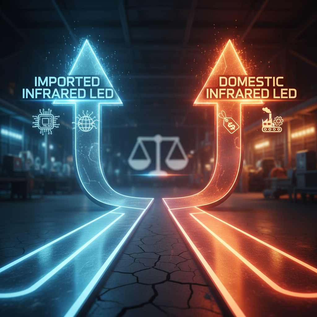 进口与国产红外灯珠选择对比,展示两条分岔路,分别代表进口红外灯珠(精密芯片、全球地图)和国产红外灯珠(价格标签、工厂流水线),暗示选择的权衡与决策。