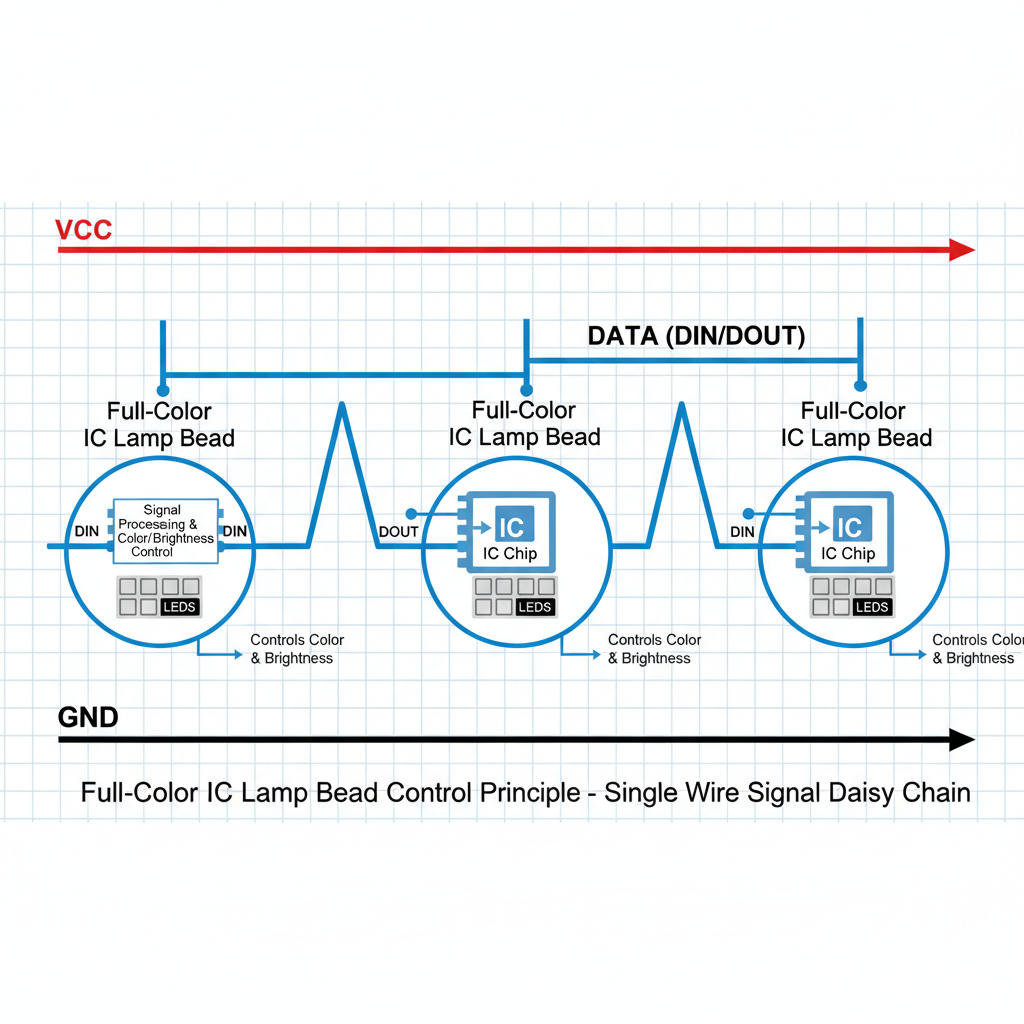 全彩IC灯珠控制原理电路图:数据线实现单点单控