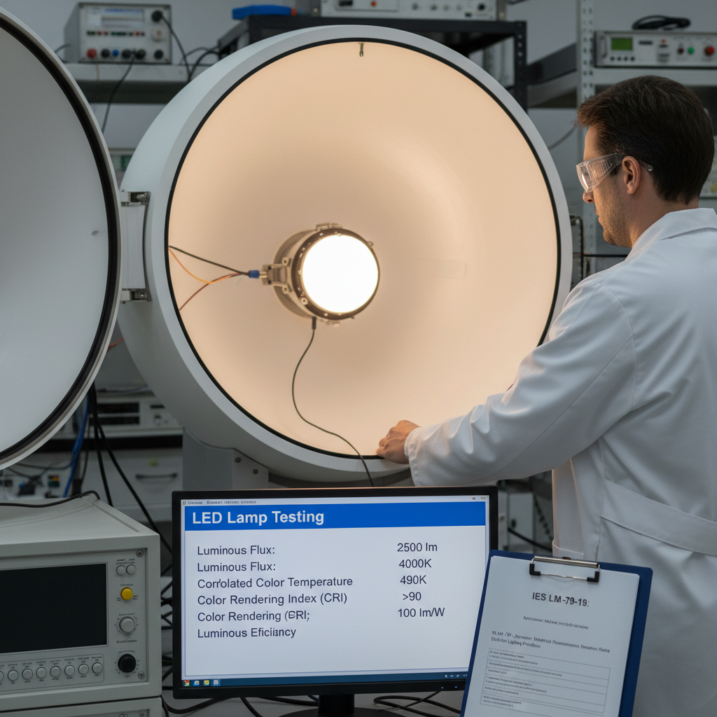 实验室中,技术人员正在积分球内对LED灯进行光通量测试,详细展示了LM-79标准下的测试过程,包括灯具放置和数据采集设备。