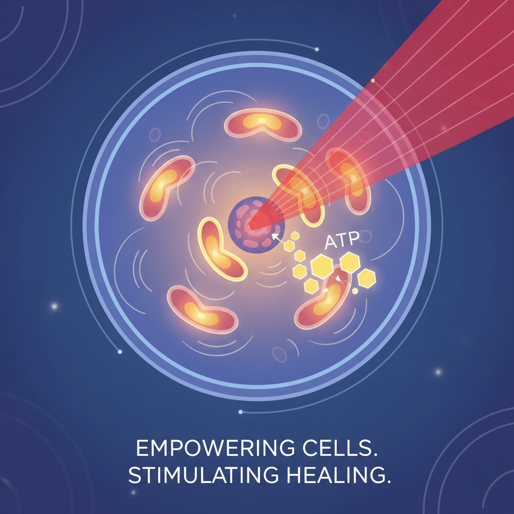 描绘红光治疗原理的插画,展示红光束穿透细胞,激活线粒体产生能量(ATP分子发光),寓意红光赋能细胞,激发身体修复能力。
