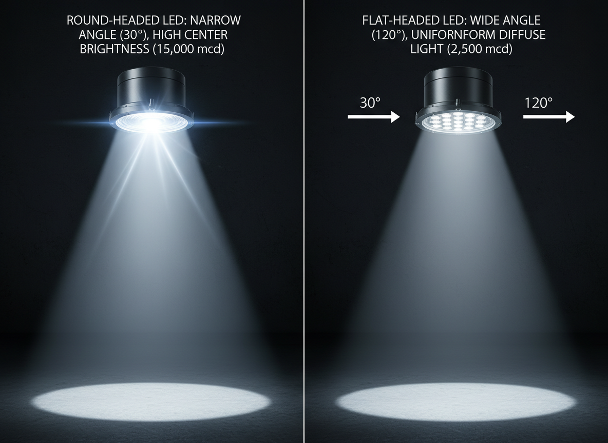 工业级光束对比示意图，左侧圆头直插灯珠发出集中窄光束，右侧草帽头灯珠发出均匀散光，直观展现不同封装LED的光学特性差异