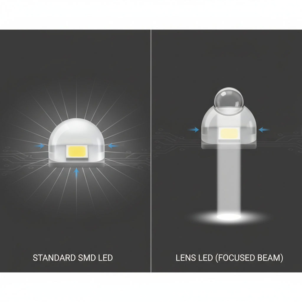 普通SMD LED灯珠与集成透镜的Lens灯珠对比,展示Lens灯珠如何精准聚焦光束。