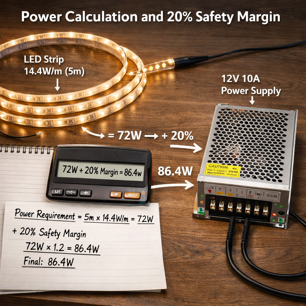 功率计算场景，展示5米长灯带的功耗计算，并强调20%安全余量与电源选型。