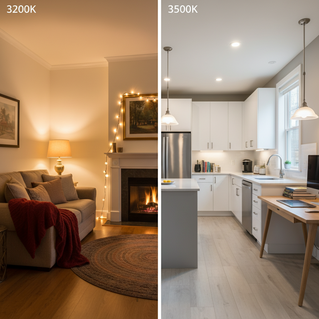 光线温暖的卧室与光线中性的厨房，对比展示3200K暖白光与3500K中性白光的典型应用场景和氛围差异