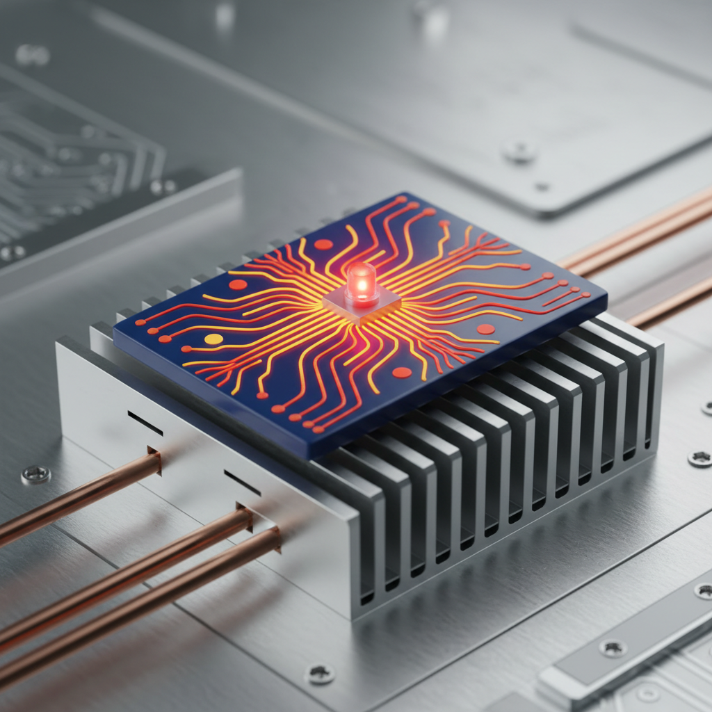 红外灯珠内部散热结构透视图,突出芯片下方陶瓷基板的导热作用,通过热流线条展示热量高效传导,强调散热设计对灯珠寿命和稳定性的重要性。