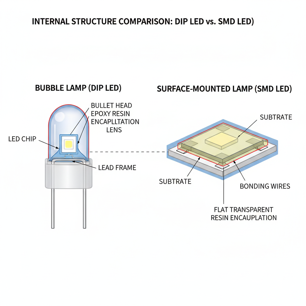 咪泡灯与贴片灯内部结构剖面图,展示DIP LED的子弹头封装和SMD LED的扁平基板封装