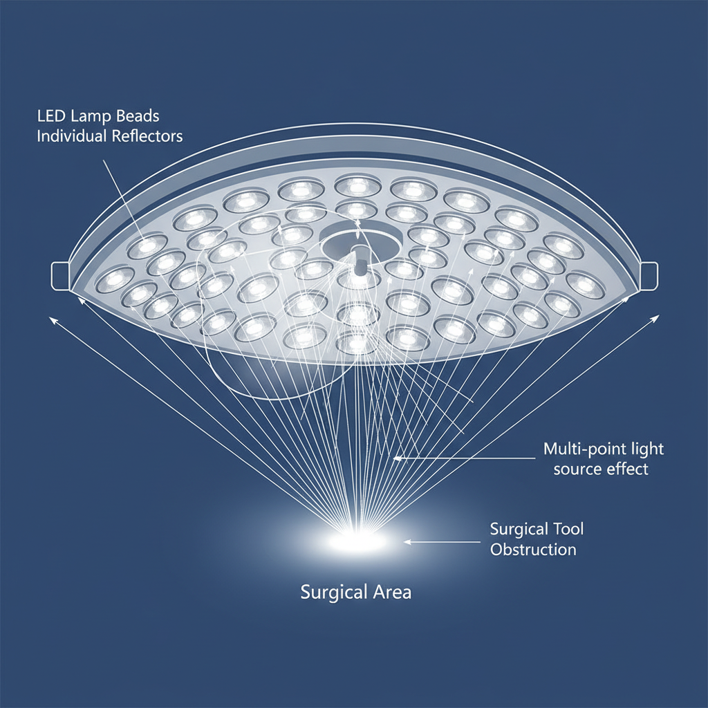 手术室无影灯内部光学原理示意图:多个独立的LED灯珠呈圆形阵列排列,各自发出的光线汇聚到手术区域,通过光线轨迹清晰展现“多点光源效应”,即使有物体遮挡,区域仍保持明亮无影。