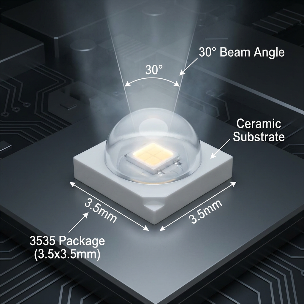 3D渲染图展示一颗3535陶瓷发光LED灯珠，强调其3.5x3.5mm封装尺寸、陶瓷基板和30°聚光光束特性。