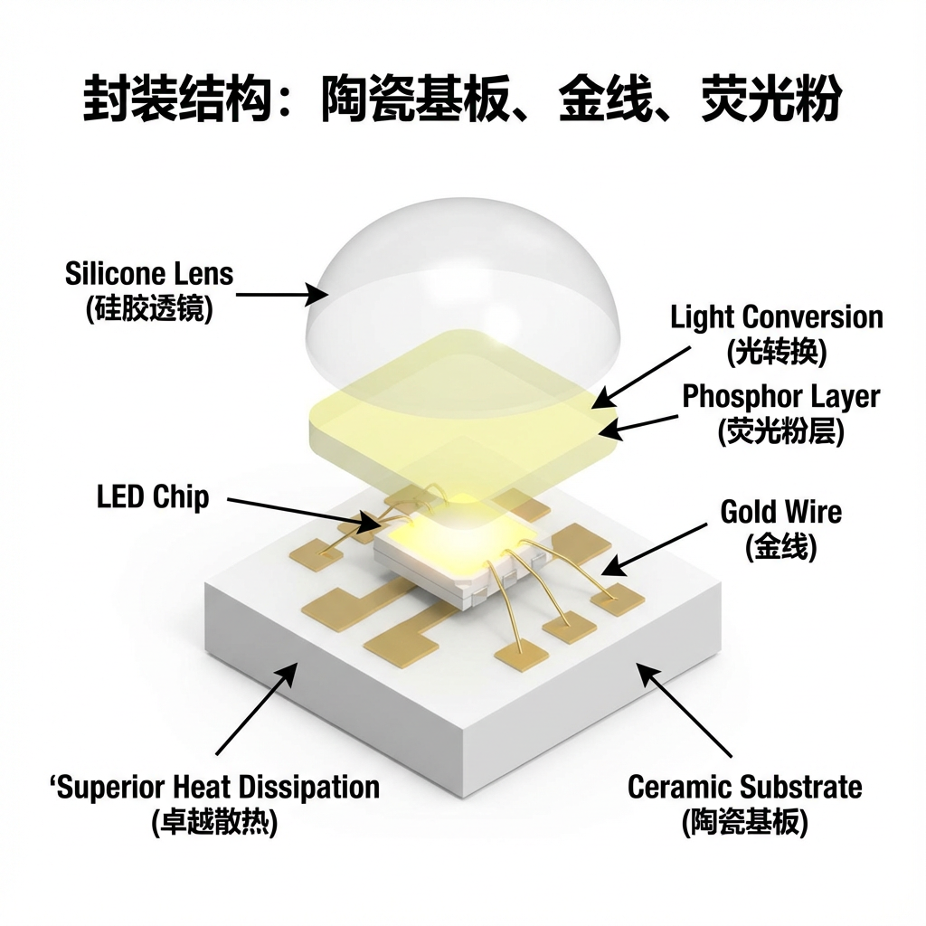 3D透视或爆炸视图展示陶瓷5050灯珠内部结构：陶瓷基板、LED芯片、金线、荧光粉和硅胶透镜，中英双语标注各组件功能，如‘Superior Heat Dissipation’。