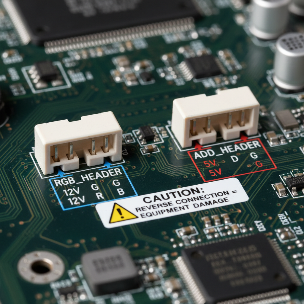 主板特写,突出显示12V RGB Header (4-Pin)和5V ARGB Header (3-Pin)的物理区别,并有接反可能导致设备损坏的警示标志