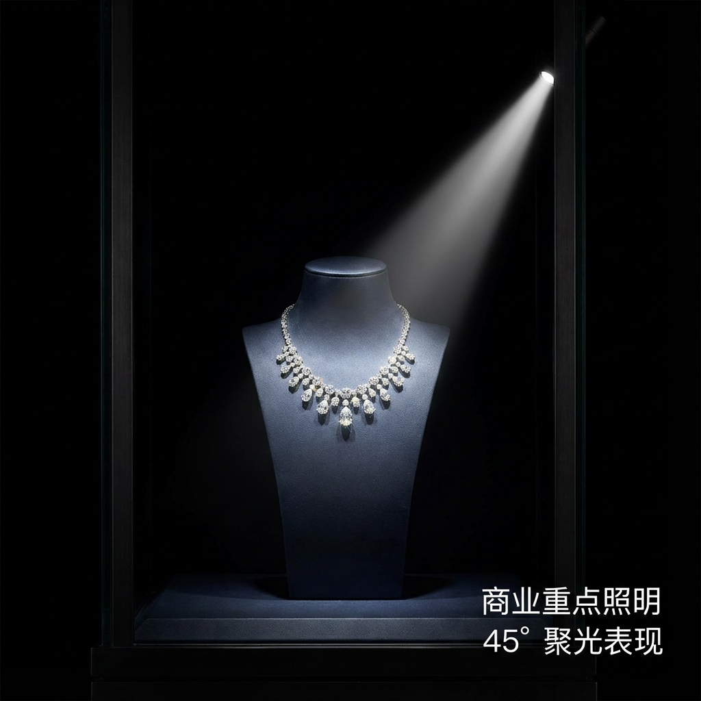一个高端珠宝展示柜台的应用场景,来自45°发光陶瓷灯珠的光线精准聚焦在一枚钻石项链上,形成完美的重点照明效果,强调其商业重点照明和45°聚光表现。