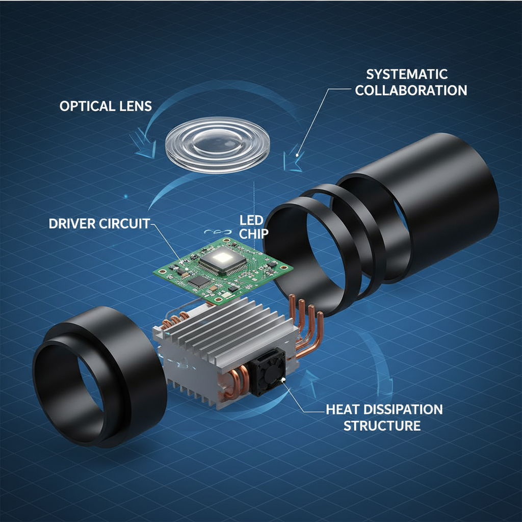 便携式高亮红外LED模组的解剖图，详细展示了LED芯片、驱动电路、散热结构和光学透镜等核心组件。