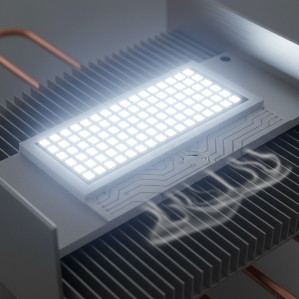 一个高功率LED模组特写,其芯片安装在陶瓷基板上,通过高效散热提升光效并延长使用寿命。