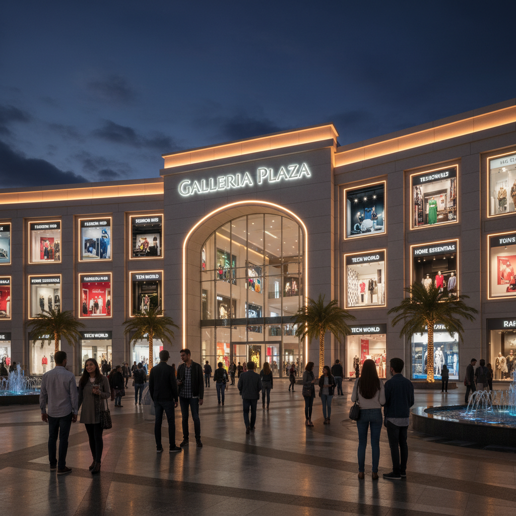 购物中心夜景,入口Logo灯光柔和,橱窗射灯照亮商品,亮化灯带沿建筑边缘延伸,营造温馨吸引人的购物氛围,顾客在灯光引导下享受购物乐趣。