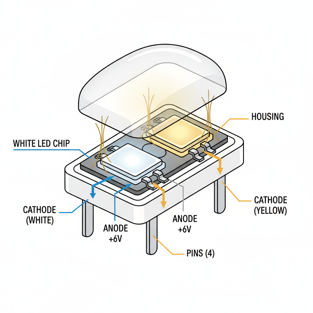 平面5050双色6V灯珠内部结构剖面图,清晰展示白光LED芯片、黄光LED芯片、引脚和外壳,突出芯片的平面封装,并用不同颜色区分白光和黄光芯片,同时显示电流流向以演示引脚控制颜色切换。