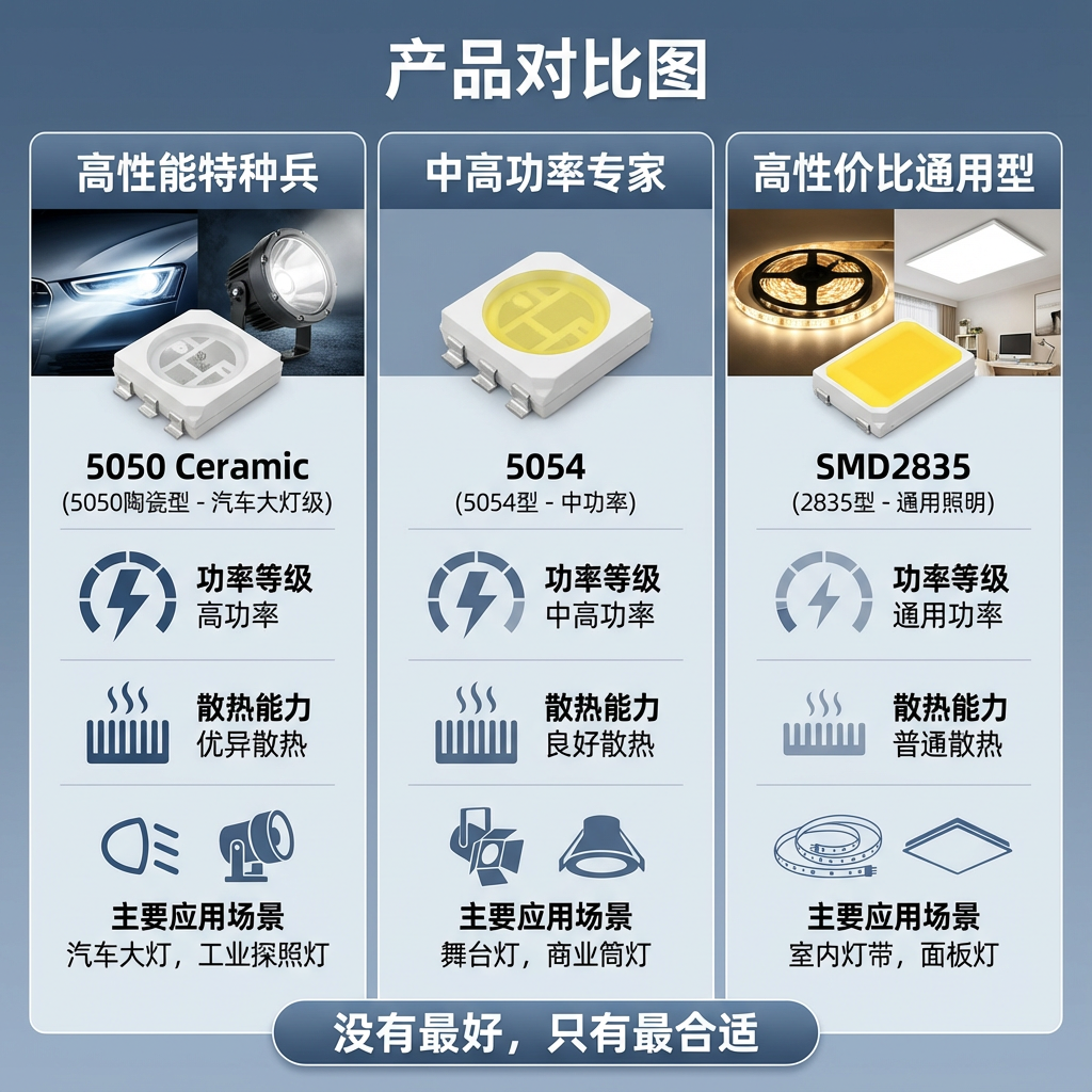 5050陶瓷白光LED灯珠与汽车大功率灯珠：技术解析、性能对比与应用指南