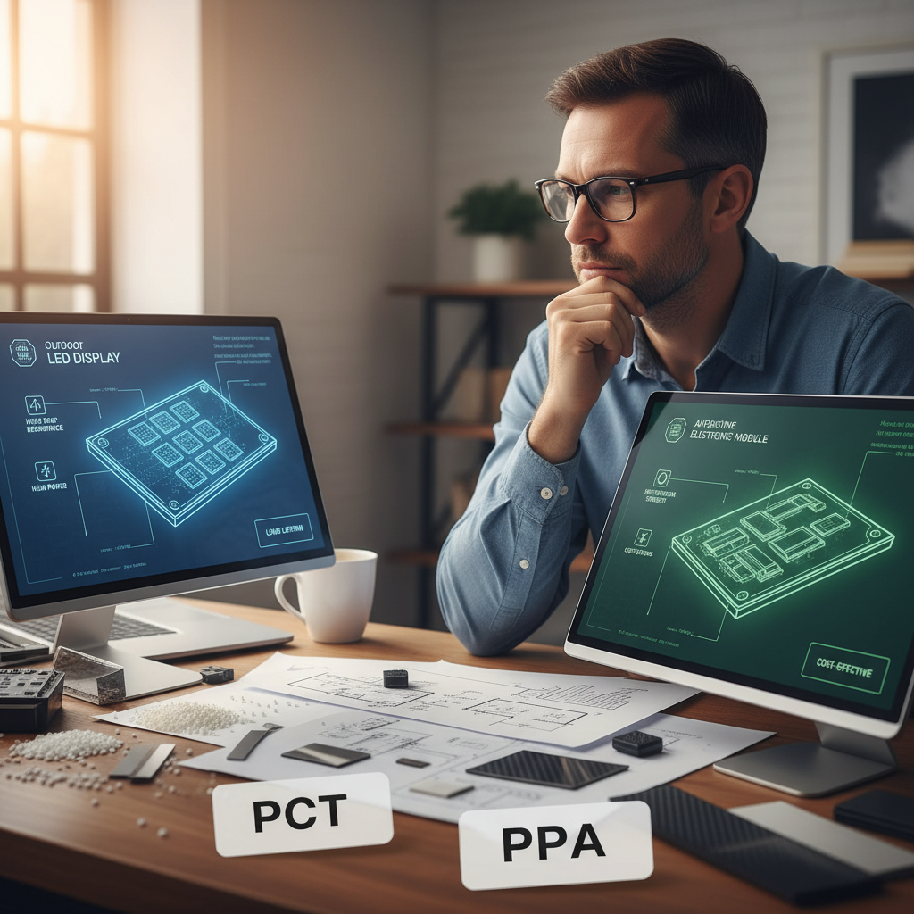 一位工程师正在权衡两种材料的选择,面前摊开设计图纸,一台大型户外LED显示屏和汽车电子模块示意图在左右,桌上放置有PCT和PPA材料卡片,暗示根据不同应用场景进行选型决策。
