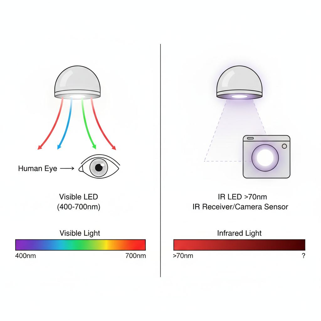 对比图,左侧是发出多彩可见光的普通LED,右侧是发出不可见红外光的IR LED,其信号被红外接收器或摄像头传感器捕获。