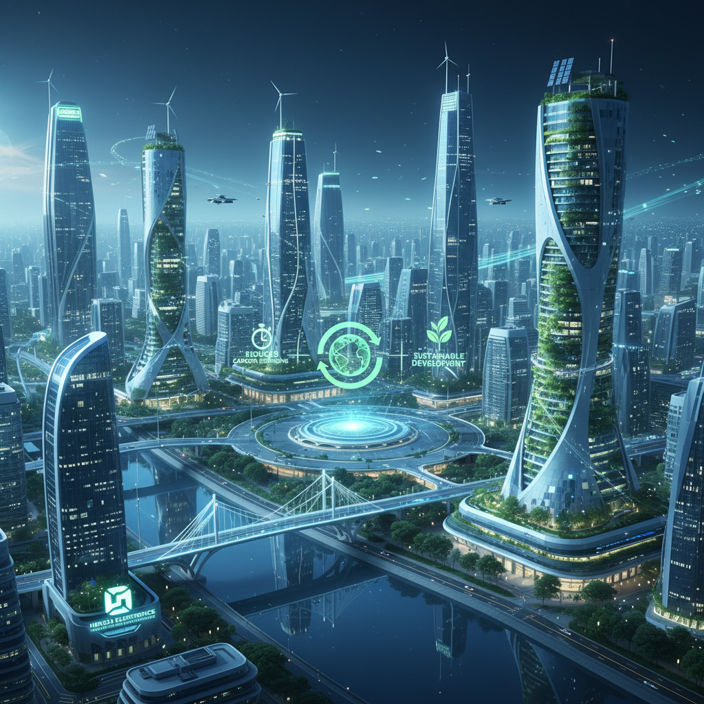 高效环保的LED照明未来城市景观,突出LED技术对绿色地球的贡献及恒彩电子的创新者角色。