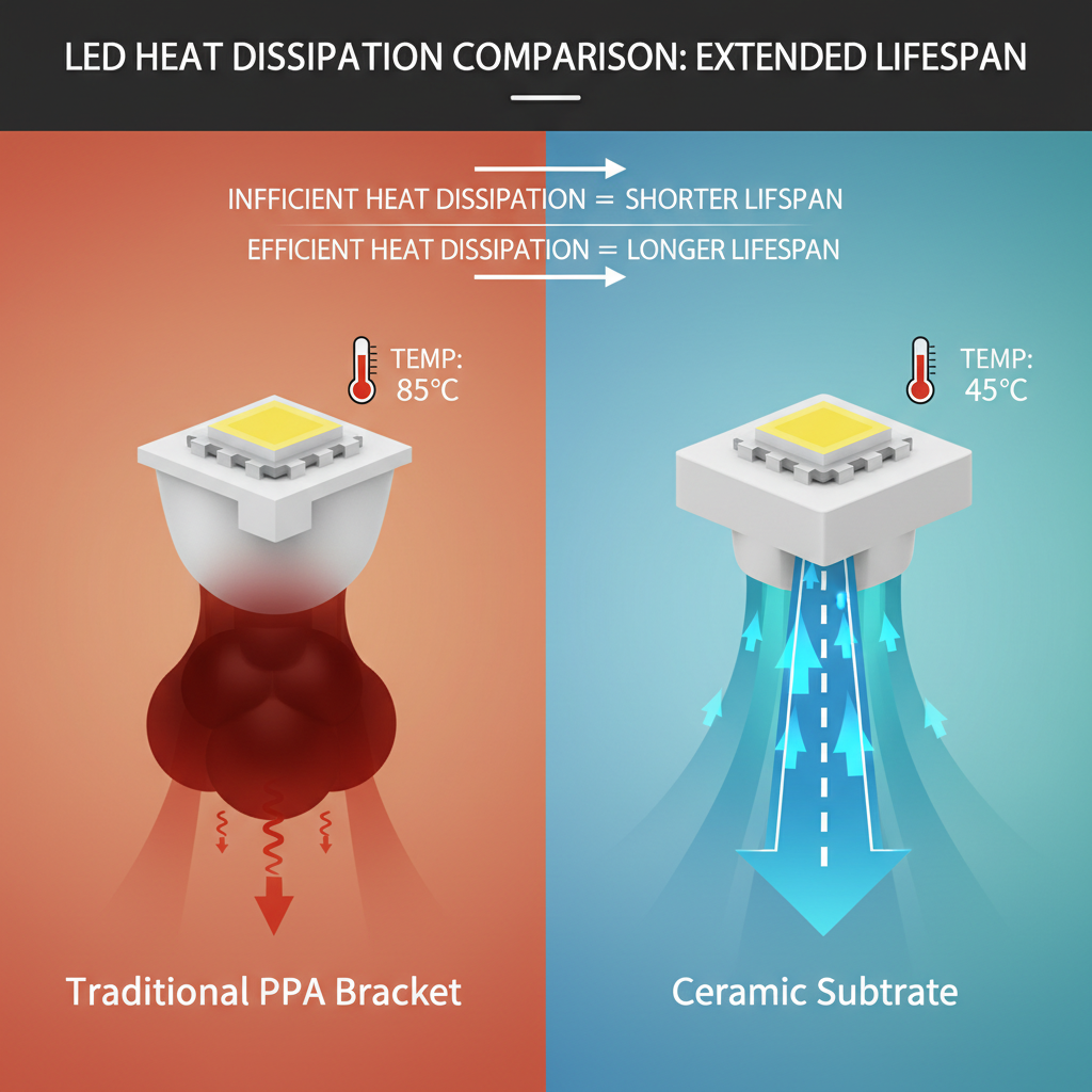 陶瓷基板与传统PPA支架的散热效果对比图，强调陶瓷基板高效散热如何延长LED灯珠寿命。