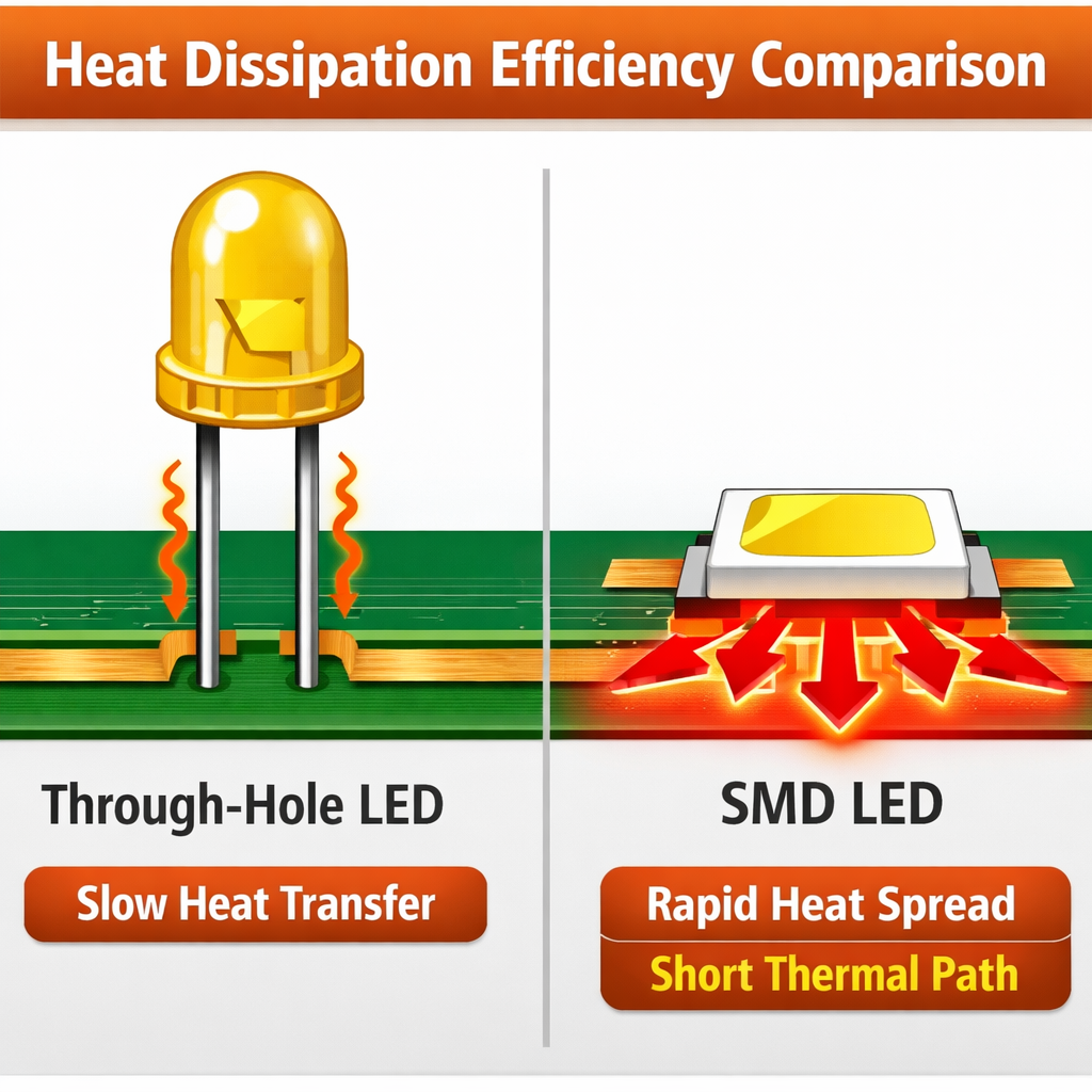 直插灯珠与贴片灯珠散热效率对比示意图，直观展示贴片灯珠更短更高效的散热路径