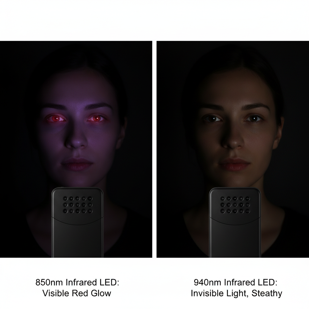 并列展示两种红外LED波长的效果对比。左侧:人脸识别设备使用850nm红外LED,在黑暗中能看到灯珠发出微弱的红点,照亮人脸。右侧:同款设备使用940nm红外LED,无任何可见红点,但人脸依然被有效照亮,突出其隐蔽性。
