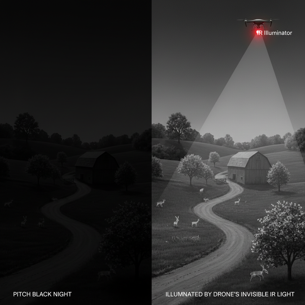 一幅对比图:左侧是漆黑的夜景,肉眼几乎无法辨识物体;右侧是同一场景,但被无人机发出的“隐形手电筒”红外光照亮,画面清晰可见,细节丰富,展现了红外灯珠如何为无人机摄像头提供夜间照明。