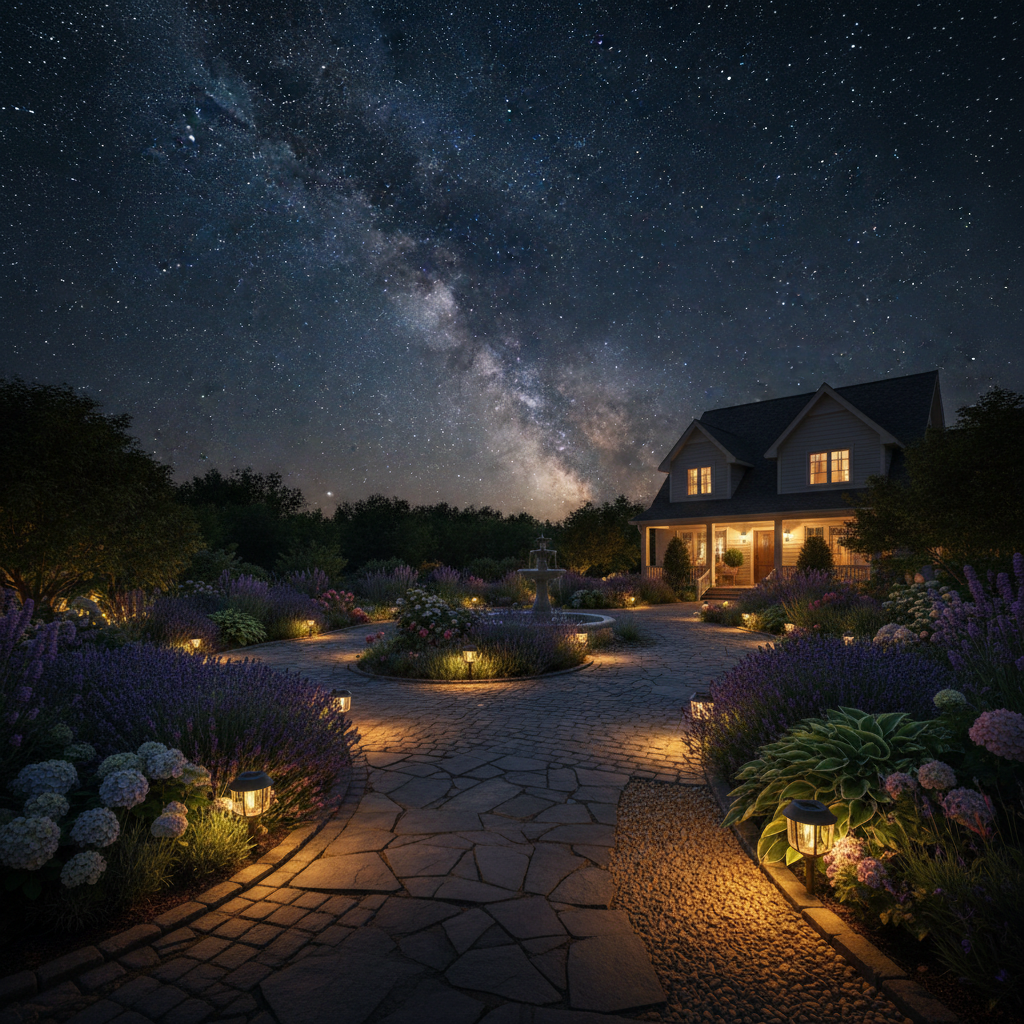 温馨宁静的庭院夜景,太阳能庭院灯柔和地照亮小径和花丛,营造出舒适的居家氛围。