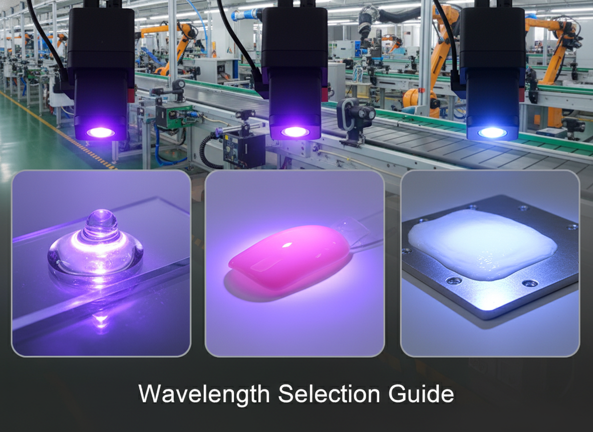 图展示365nm、395nm、405nm三种不同波长的UV灯珠照射在精密UV胶、美甲胶和厚涂层上，每种材料的固化效果清晰可见，强调波长选择的重要性。