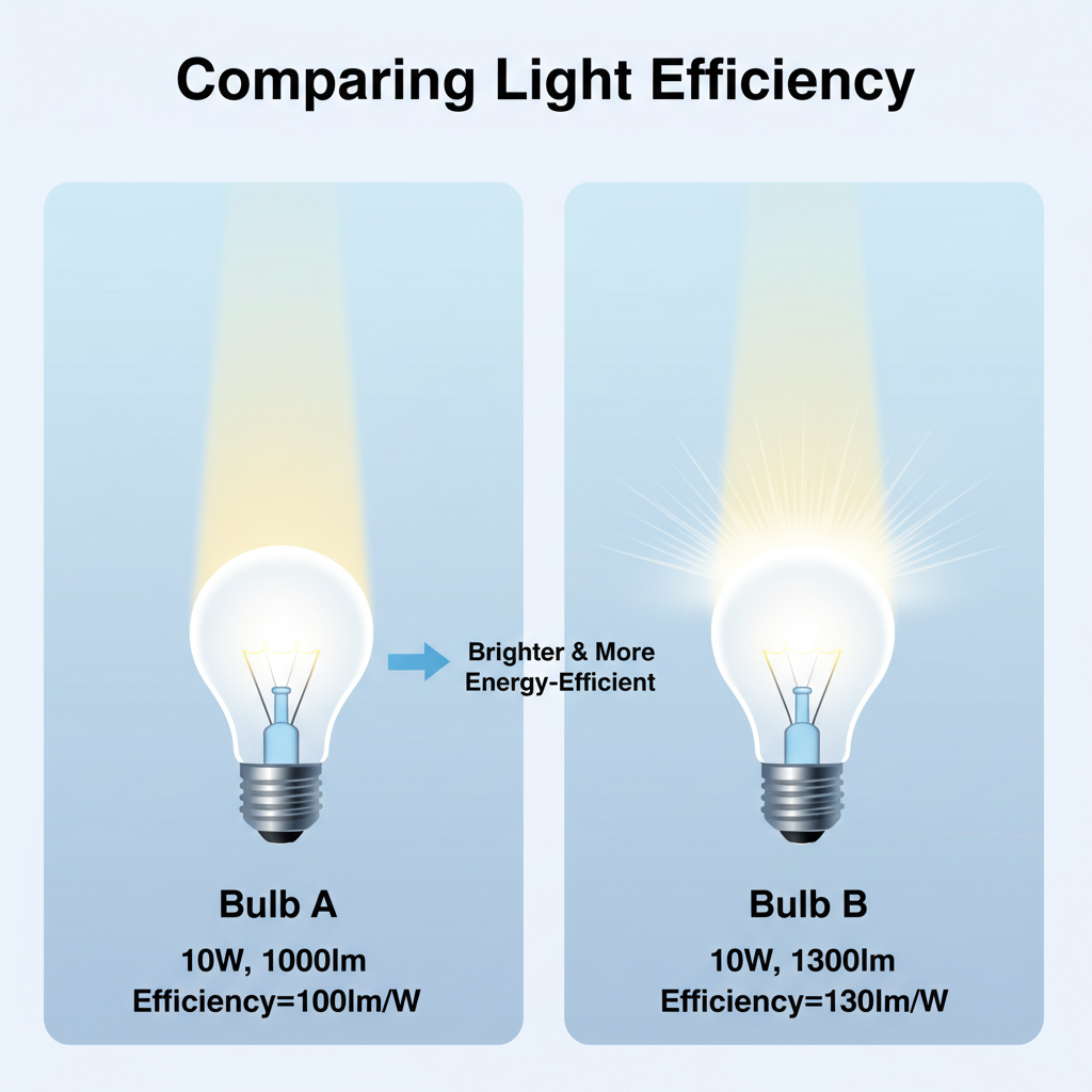 并排比较两款LED灯泡,A灯为10W,1000lm,光效100lm/W;B灯为10W,1300lm,光效130lm/W,清晰展示B灯在相同功耗下更亮更节能。