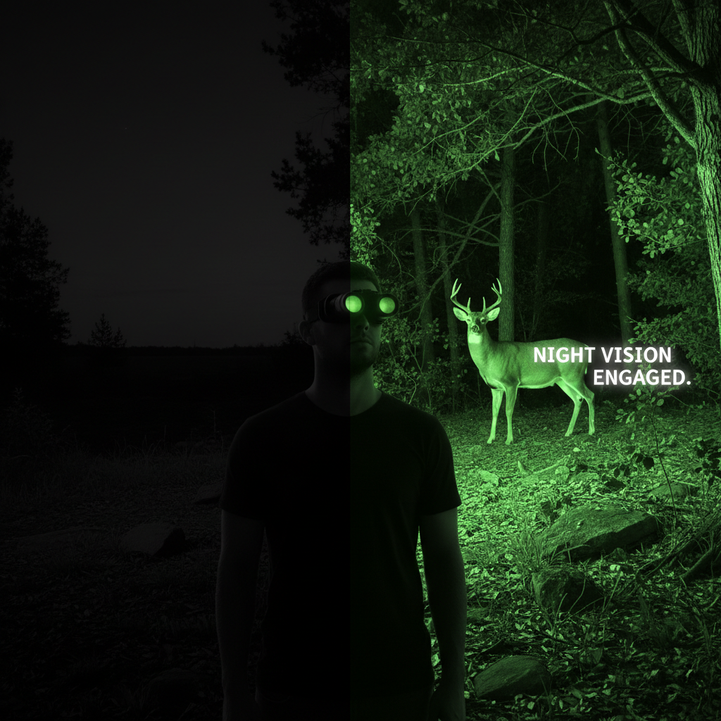 一个人戴着夜视仪在漆黑的夜晚清晰看到树林中的鹿,左侧为肉眼黑暗景象,右侧为夜视仪下的绿色轮廓,展示红外夜视的“超能力”。